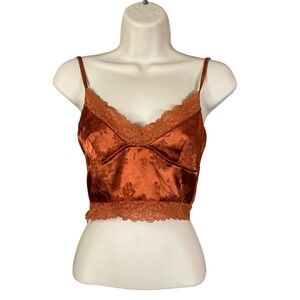 Shein Floral Burnout Satin Camisole Cropped Lace Trim Tank Top XS Y2k Babydoll